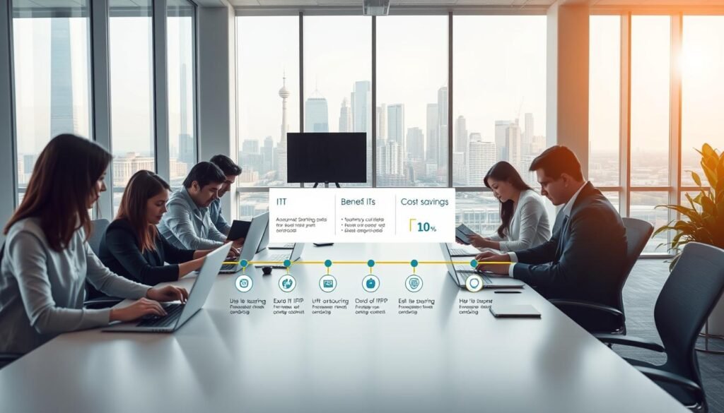 A modern, well-equipped office space with large windows and natural lighting. In the foreground, a team of professionals collaborating on laptops and tablets, representing the benefits of IT outsourcing. In the middle ground, a timeline infographic highlighting key milestones and cost savings. The background features a cityscape skyline, symbolizing the global reach and scalability of outsourced IT solutions. The overall mood is one of productivity, efficiency, and business success. A modern, well-equipped office space with large windows and natural lighting. In the foreground, a team of professionals collaborating on laptops and tablets, representing the benefits of IT outsourcing. In the middle ground, a timeline infographic highlighting key milestones and cost savings. The background features a cityscape skyline, symbolizing the global reach and scalability of outsourced IT solutions. The overall mood is one of productivity, efficiency, and business success.