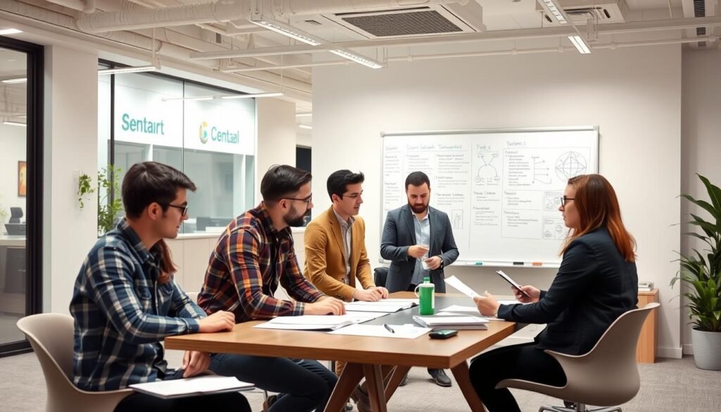 A modern, well-lit office setting depicting software developers and project managers evaluating potential IT service providers. In the foreground, a team is gathered around a table, reviewing proposals and discussing key criteria such as technical capabilities, industry experience, and client references. The middle ground features a large whiteboard with notes and diagrams, conveying the analytical and collaborative nature of the evaluation process. The background showcases the company's branding and decor, suggesting a professional, forward-thinking environment. The overall atmosphere is one of focused, constructive discussion, with a sense of careful consideration and decision-making. A modern, well-lit office setting depicting software developers and project managers evaluating potential IT service providers. In the foreground, a team is gathered around a table, reviewing proposals and discussing key criteria such as technical capabilities, industry experience, and client references. The middle ground features a large whiteboard with notes and diagrams, conveying the analytical and collaborative nature of the evaluation process. The background showcases the company's branding and decor, suggesting a professional, forward-thinking environment. The overall atmosphere is one of focused, constructive discussion, with a sense of careful consideration and decision-making.