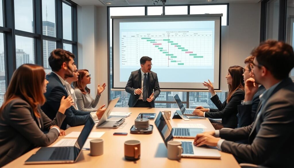 A modern, well-lit office setting, with a large whiteboard or projector screen prominently displayed. On the screen, a detailed Gantt chart showcases the various stages of an IT project plan, complete with timelines, milestones, and resource allocation. In the foreground, a group of professionals, dressed in business attire, are engaged in a lively discussion, gesturing towards the screen and taking notes. The middle ground features a conference table with laptops, documents, and coffee mugs, suggesting a collaborative work environment. The background depicts a cityscape visible through large windows, conveying a sense of professionalism and productivity. A modern, well-lit office setting, with a large whiteboard or projector screen prominently displayed. On the screen, a detailed Gantt chart showcases the various stages of an IT project plan, complete with timelines, milestones, and resource allocation. In the foreground, a group of professionals, dressed in business attire, are engaged in a lively discussion, gesturing towards the screen and taking notes. The middle ground features a conference table with laptops, documents, and coffee mugs, suggesting a collaborative work environment. The background depicts a cityscape visible through large windows, conveying a sense of professionalism and productivity.