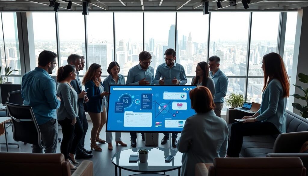 A modern, well-lit office space with a group of diverse professionals collaborating efficiently. In the foreground, a team of developers, designers, and project managers huddled around a large touchscreen display, gesturing and exchanging ideas. The middle ground features an open concept layout with ergonomic furniture, natural lighting, and sleek, minimalist decor. In the background, a panoramic view of a bustling city skyline, conveying a sense of connectivity and productivity. The overall atmosphere is one of focused collaboration, seamless communication, and creative problem-solving, reflecting the key advantages of nearshore software development. A modern, well-lit office space with a group of diverse professionals collaborating efficiently. In the foreground, a team of developers, designers, and project managers huddled around a large touchscreen display, gesturing and exchanging ideas. The middle ground features an open concept layout with ergonomic furniture, natural lighting, and sleek, minimalist decor. In the background, a panoramic view of a bustling city skyline, conveying a sense of connectivity and productivity. The overall atmosphere is one of focused collaboration, seamless communication, and creative problem-solving, reflecting the key advantages of nearshore software development.