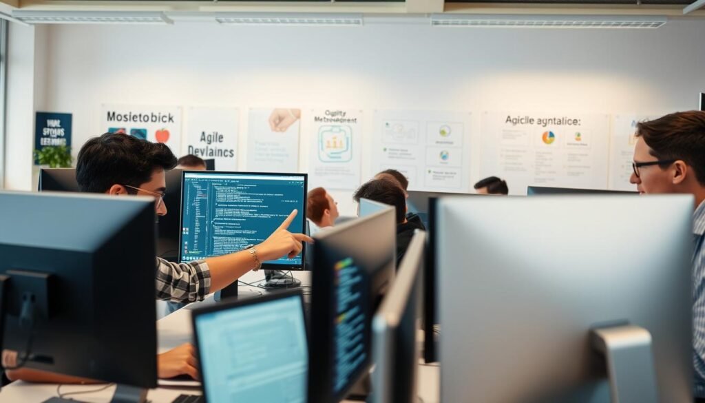 A modern, well-lit office space with a team of IT professionals meticulously reviewing software code on their computer screens. In the foreground, a developer points to a detailed bug report, discussing it with a quality assurance analyst. In the middle ground, other team members collaborate on design documents and project plans. The background features motivational posters and whiteboards filled with agile development methodologies. Soft, warm lighting illuminates the scene, conveying a sense of diligence and focus as the team strives to ensure the highest quality in their IT development process. A modern, well-lit office space with a team of IT professionals meticulously reviewing software code on their computer screens. In the foreground, a developer points to a detailed bug report, discussing it with a quality assurance analyst. In the middle ground, other team members collaborate on design documents and project plans. The background features motivational posters and whiteboards filled with agile development methodologies. Soft, warm lighting illuminates the scene, conveying a sense of diligence and focus as the team strives to ensure the highest quality in their IT development process.