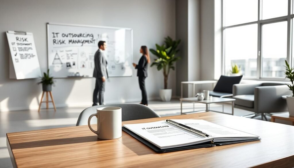 A pristine modern office workspace with sleek, minimalist furniture and large windows allowing natural light to flood the room. In the foreground, a desk with a laptop, coffee mug, and a folder labeled "IT Outsourcing Risk Management". On the wall, a whiteboard with handwritten notes and diagrams related to risk assessment and mitigation strategies. In the background, two business professionals engaged in a serious discussion, their body language conveying a sense of collaboration and problem-solving. The overall scene emanates a calm, professional atmosphere with an undercurrent of thoughtful consideration of the complexities of IT outsourcing. A pristine modern office workspace with sleek, minimalist furniture and large windows allowing natural light to flood the room. In the foreground, a desk with a laptop, coffee mug, and a folder labeled "IT Outsourcing Risk Management". On the wall, a whiteboard with handwritten notes and diagrams related to risk assessment and mitigation strategies. In the background, two business professionals engaged in a serious discussion, their body language conveying a sense of collaboration and problem-solving. The overall scene emanates a calm, professional atmosphere with an undercurrent of thoughtful consideration of the complexities of IT outsourcing.