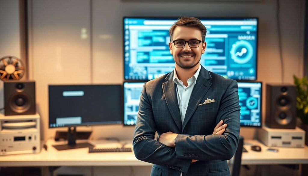 A professional and trustworthy IT partner, standing confidently in a well-lit modern office environment. The figure is dressed in a crisp, tailored suit, exuding a sense of expertise and reliability. In the background, sleek computer equipment and a large monitor display intricate software interfaces, hinting at the partner's technological prowess. Warm, directional lighting casts subtle shadows, creating a sense of depth and professionalism. The overall atmosphere conveys a reassuring and competent impression, suitable for a software development company that clients can rely on. A professional and trustworthy IT partner, standing confidently in a well-lit modern office environment. The figure is dressed in a crisp, tailored suit, exuding a sense of expertise and reliability. In the background, sleek computer equipment and a large monitor display intricate software interfaces, hinting at the partner's technological prowess. Warm, directional lighting casts subtle shadows, creating a sense of depth and professionalism. The overall atmosphere conveys a reassuring and competent impression, suitable for a software development company that clients can rely on.