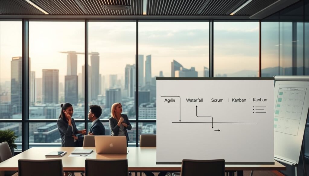 A professional conference room with modern furniture and equipment. In the foreground, a whiteboard displays various IT project management methodologies, including Agile, Waterfall, Scrum, and Kanban, each represented by simple icons. The middle ground features a group of business professionals engaged in a lively discussion, their faces thoughtful and focused. The background showcases a panoramic city skyline, with sleek high-rise buildings bathed in warm, directional lighting, conveying a sense of progress and innovation. The overall atmosphere is one of collaborative problem-solving and strategic decision-making. A professional conference room with modern furniture and equipment. In the foreground, a whiteboard displays various IT project management methodologies, including Agile, Waterfall, Scrum, and Kanban, each represented by simple icons. The middle ground features a group of business professionals engaged in a lively discussion, their faces thoughtful and focused. The background showcases a panoramic city skyline, with sleek high-rise buildings bathed in warm, directional lighting, conveying a sense of progress and innovation. The overall atmosphere is one of collaborative problem-solving and strategic decision-making.