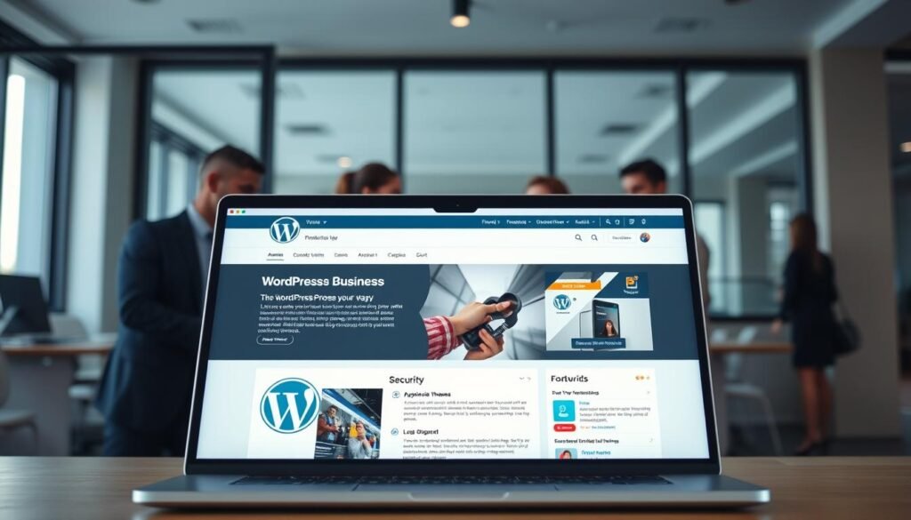 A professional, high-quality WordPress website for a dynamic business, set against a backdrop of a modern, minimalist office. In the foreground, a sleek laptop showcases a WordPress dashboard, its intuitive interface and customizable themes emphasizing the platform's user-friendliness. In the middle ground, a team of dedicated professionals collaborates, their faces illuminated by the glow of their screens, reflecting the ease of WordPress's collaborative tools. The background features floor-to-ceiling windows, allowing natural light to flood the space, symbolizing the transparency and security enhancements that WordPress provides. The overall scene conveys a sense of productivity, innovation, and the power of WordPress to elevate a business's online presence.