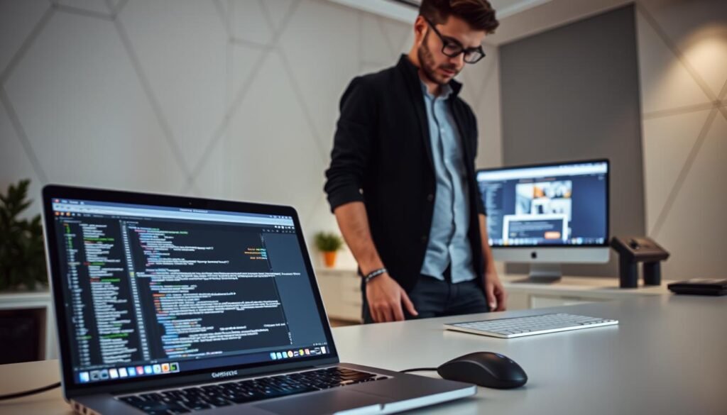 A professional web developer standing in a modern office, focused on their work. The foreground features a sleek, high-end laptop displaying intricate code and design mockups. The middle ground showcases an array of development tools, including a mouse, keyboard, and a monitor displaying a website in progress. The background depicts a minimalist, well-lit workspace with geometric patterns on the walls, conveying a sense of expertise and attention to detail. The lighting is soft and directional, creating a sense of depth and highlighting the developer's concentration. The overall mood is one of professionalism, efficiency, and a commitment to delivering a top-quality website. A professional web developer standing in a modern office, focused on their work. The foreground features a sleek, high-end laptop displaying intricate code and design mockups. The middle ground showcases an array of development tools, including a mouse, keyboard, and a monitor displaying a website in progress. The background depicts a minimalist, well-lit workspace with geometric patterns on the walls, conveying a sense of expertise and attention to detail. The lighting is soft and directional, creating a sense of depth and highlighting the developer's concentration. The overall mood is one of professionalism, efficiency, and a commitment to delivering a top-quality website.