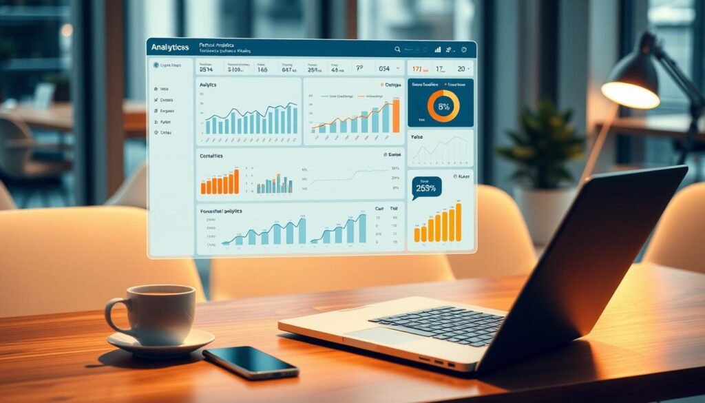 A professional, well-designed analytics dashboard with intuitive visualizations and data insights, floating above a sleek, modern workplace setting. A laptop, a cup of coffee, and a smartphone capture the digital environment. Warm lighting casts a subtle glow, creating a productive, focused atmosphere. The dashboard features interactive charts, graphs, and statistics, providing a comprehensive overview of website performance metrics. The layout is clean and uncluttered, allowing the user to easily navigate and extract valuable data. The overall scene conveys the power of data-driven decision-making and the importance of advanced analytics tools for optimizing a website's success.