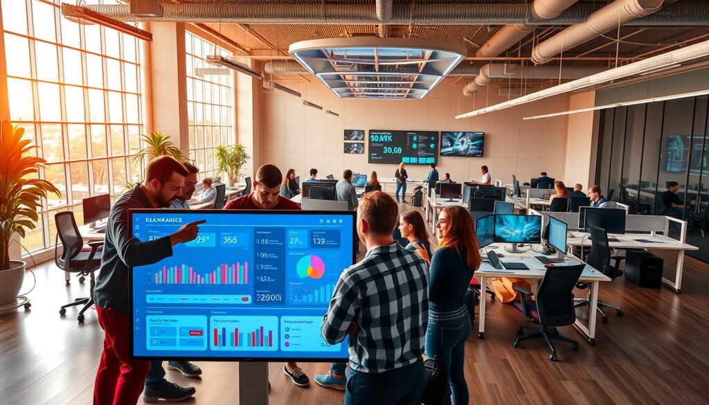 A remote team collaborating in a vibrant, tech-forward workspace. In the foreground, employees huddle around a large touchscreen display, reviewing data visualizations and KPIs. The middle ground features a mix of ergonomic desks, standing workstations, and casual seating areas, all bathed in warm, natural lighting from floor-to-ceiling windows. In the background, a sleek, minimalist command center oversees the entire operation, with holographic interfaces and real-time productivity dashboards. The overall atmosphere conveys a sense of focus, connectivity, and efficiency - the hallmarks of a thriving remote workforce. A remote team collaborating in a vibrant, tech-forward workspace. In the foreground, employees huddle around a large touchscreen display, reviewing data visualizations and KPIs. The middle ground features a mix of ergonomic desks, standing workstations, and casual seating areas, all bathed in warm, natural lighting from floor-to-ceiling windows. In the background, a sleek, minimalist command center oversees the entire operation, with holographic interfaces and real-time productivity dashboards. The overall atmosphere conveys a sense of focus, connectivity, and efficiency - the hallmarks of a thriving remote workforce.