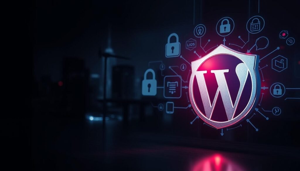 A secure WordPress website, its components protected by a shield of resilience. In the foreground, a sleek and modern WordPress logo, its iconic 'W' shimmering with a metallic sheen, surrounded by a radiant glow. In the middle ground, intricate security icons - padlocks, firewalls, and encryption symbols - artfully arranged to convey the layers of defense. The background depicts a dimly lit cityscape, its skyscrapers and infrastructure hinting at the ever-present digital threats that WordPress must safeguard against. Dramatic, high-contrast lighting casts dramatic shadows, creating a sense of gravitas and urgency. The overall composition suggests the importance of WordPress security, a fortress against the cyber dangers of the modern age.