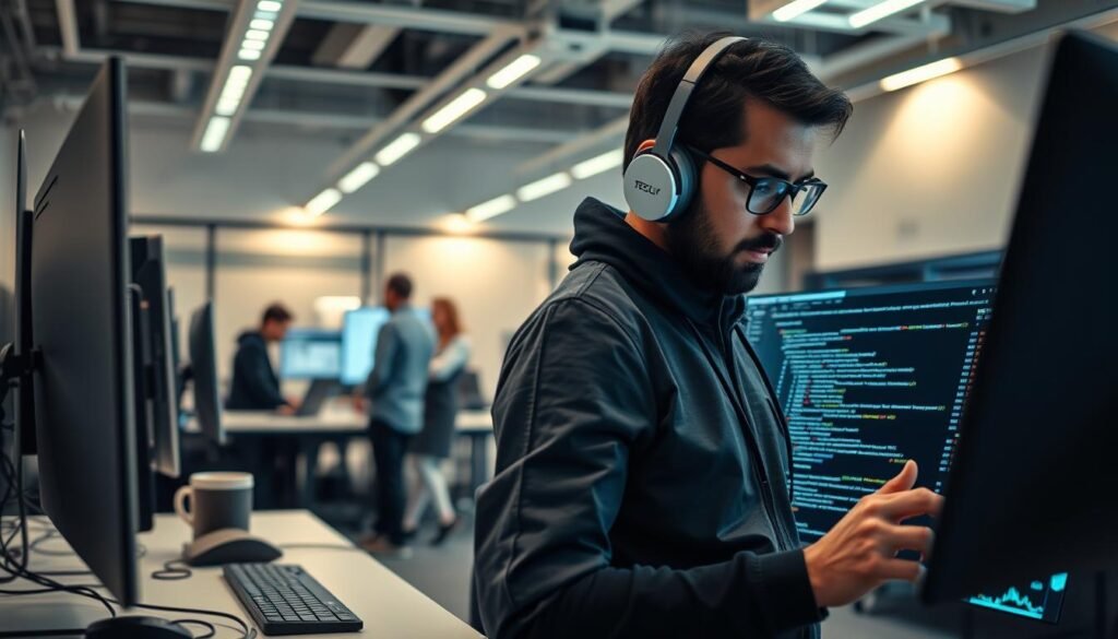A secure and well-engineered software project, with meticulous attention to quality. In the foreground, a developer carefully reviews code, surrounded by a clean and organized workspace, reflecting their dedication to craftsmanship. In the middle ground, a team collaborates, discussing testing strategies and security protocols, ensuring robust processes. The background depicts a sleek, modern office environment, filled with state-of-the-art hardware and software tools, symbolizing the technological prowess required to deliver exceptional software. Soft, directional lighting casts a warm, professional atmosphere, emphasizing the importance of thorough planning, rigorous testing, and unwavering attention to detail in achieving quality and security in software projects. A secure and well-engineered software project, with meticulous attention to quality. In the foreground, a developer carefully reviews code, surrounded by a clean and organized workspace, reflecting their dedication to craftsmanship. In the middle ground, a team collaborates, discussing testing strategies and security protocols, ensuring robust processes. The background depicts a sleek, modern office environment, filled with state-of-the-art hardware and software tools, symbolizing the technological prowess required to deliver exceptional software. Soft, directional lighting casts a warm, professional atmosphere, emphasizing the importance of thorough planning, rigorous testing, and unwavering attention to detail in achieving quality and security in software projects.