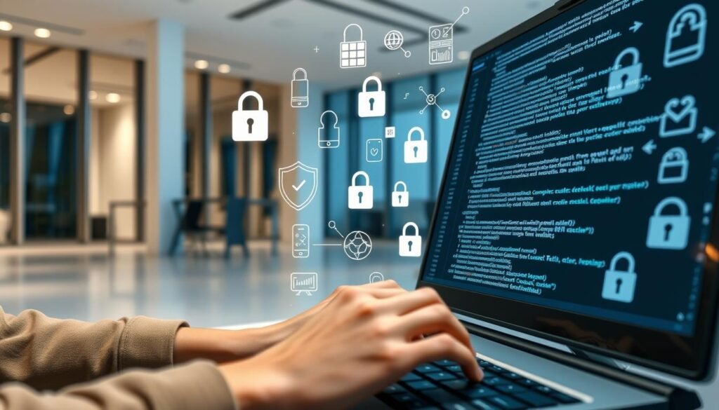 A secure coding practices scene: In the foreground, a programmer's hands typing intently on a keyboard, the screen displaying lines of clean, well-structured code. The middle ground features various security icons and symbols, such as padlocks, firewalls, and encryption algorithms, suggesting the implementation of robust security measures. The background depicts a serene, minimalist office environment with large windows, subtle lighting, and a sense of focus and professionalism. The overall atmosphere conveys a harmonious blend of technological prowess and diligent attention to security best practices. A secure coding practices scene: In the foreground, a programmer's hands typing intently on a keyboard, the screen displaying lines of clean, well-structured code. The middle ground features various security icons and symbols, such as padlocks, firewalls, and encryption algorithms, suggesting the implementation of robust security measures. The background depicts a serene, minimalist office environment with large windows, subtle lighting, and a sense of focus and professionalism. The overall atmosphere conveys a harmonious blend of technological prowess and diligent attention to security best practices.