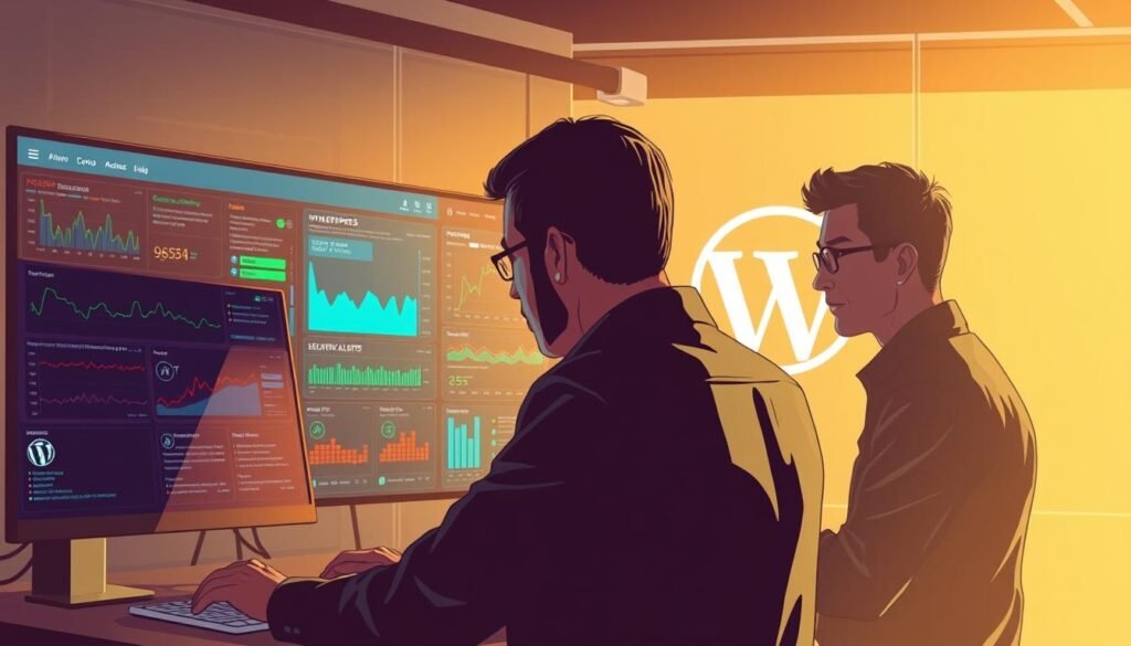 A serene and focused scene of WordPress security monitoring, captured in a highly detailed digital illustration. In the foreground, a vigilant system dashboard displays real-time data on website activity, intrusion attempts, and security alerts. The middle ground features a team of cybersecurity experts intently analyzing the dashboard, their expressions reflecting deep concentration. In the background, a stylized representation of the WordPress platform, its iconic logo subtly visible, symbolizing the core system being protected. The lighting is soft and warm, creating an atmosphere of diligence and professionalism. The camera angle is slightly elevated, allowing the viewer to observe the scene from an authoritative perspective, emphasizing the importance of comprehensive WordPress security monitoring.