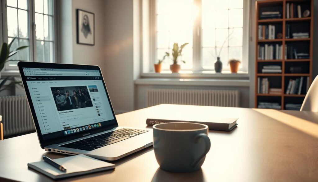 A serene and focused workspace, bathed in warm, natural light streaming through large windows. In the foreground, a sleek laptop displays a WordPress dashboard, surrounded by carefully arranged tools and materials - a notepad, a stylish mouse, a cup of coffee. The middle ground showcases a minimalist desk, its surface uncluttered, allowing the user to concentrate on the task at hand. In the background, a bookshelf filled with references on web development and optimization, complemented by subtle decor that evokes a sense of professionalism and efficiency. The overall atmosphere conveys a harmonious blend of technology and productivity, reflecting the care and attention required to optimize a WordPress website.