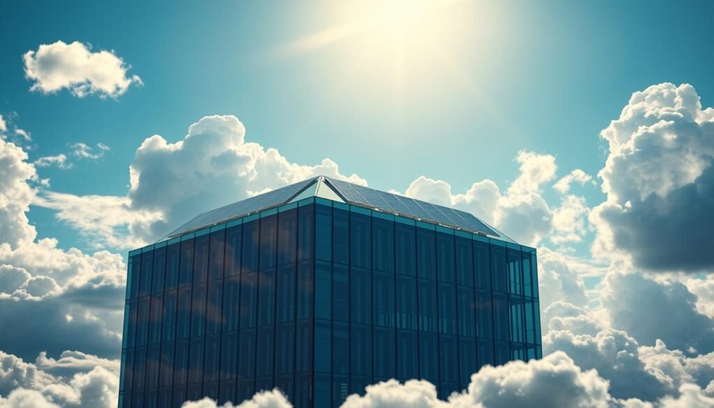 A serene cloudscape with fluffy white cumulus formations drifting across a vibrant azure sky. In the center, an elegant glass and steel structure houses a futuristic data center, its servers humming with the power of advanced AI algorithms. Sunlight filters through the clouds, casting a warm glow on the smooth, reflective surfaces of the building. Sleek, angular solar panels adorn the rooftop, seamlessly integrating renewable energy into the intelligent infrastructure. The scene conveys a harmonious synergy between natural elements and cutting-edge technology, symbolizing the seamless integration of cloud computing and artificial intelligence. A serene cloudscape with fluffy white cumulus formations drifting across a vibrant azure sky. In the center, an elegant glass and steel structure houses a futuristic data center, its servers humming with the power of advanced AI algorithms. Sunlight filters through the clouds, casting a warm glow on the smooth, reflective surfaces of the building. Sleek, angular solar panels adorn the rooftop, seamlessly integrating renewable energy into the intelligent infrastructure. The scene conveys a harmonious synergy between natural elements and cutting-edge technology, symbolizing the seamless integration of cloud computing and artificial intelligence.