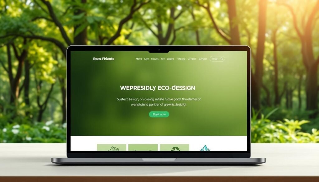 A serene, eco-friendly web design featuring a lush, verdant background with towering trees, vibrant foliage, and a soft, diffused natural lighting. In the foreground, a sleek, minimalist laptop display showcases a clean, responsive website design with muted tones, organic shapes, and subtle animated elements that complement the natural setting. The middle ground depicts various sustainable design elements, such as recycled materials, renewable energy icons, and a water droplet motif, all rendered in a cohesive, visually appealing manner. The overall scene conveys a sense of harmony, environmental consciousness, and a commitment to a greener, more sustainable digital future.