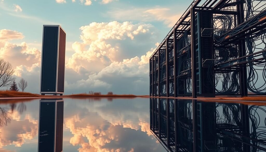 A serene, ethereal landscape showcases the power of cloud technology. In the foreground, a towering data center stands as a symbol of modern IT infrastructure, its sleek lines and gleaming surfaces reflected in a tranquil pond below. The middle ground features a network of interconnected servers, their cables and components interwoven like a cosmic web, hinting at the complex systems that power cloud-based solutions. In the background, a vast, cloud-filled sky creates a sense of limitless possibilities, suggesting the boundless potential of cloud computing. Warm, diffused lighting casts a soft glow over the scene, conveying a sense of harmony and innovation. The overall composition evokes the seamless integration of cloud technology into the modern business landscape. A serene, ethereal landscape showcases the power of cloud technology. In the foreground, a towering data center stands as a symbol of modern IT infrastructure, its sleek lines and gleaming surfaces reflected in a tranquil pond below. The middle ground features a network of interconnected servers, their cables and components interwoven like a cosmic web, hinting at the complex systems that power cloud-based solutions. In the background, a vast, cloud-filled sky creates a sense of limitless possibilities, suggesting the boundless potential of cloud computing. Warm, diffused lighting casts a soft glow over the scene, conveying a sense of harmony and innovation. The overall composition evokes the seamless integration of cloud technology into the modern business landscape.