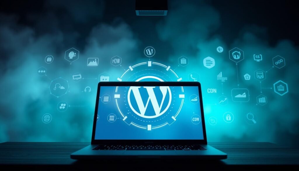 A serene, ethereal scene of WordPress speed optimization. In the foreground, a glowing laptop screen displays various performance metrics and optimization settings. Surrounding it, an array of digital icons and symbols representing caching, compression, CDN, and other speed-boosting techniques. In the middle ground, a stylized representation of the WordPress logo, its iconic 'W' shimmering with energy. The background is a soft, hazy gradient, conveying a sense of technological transcendence. The overall mood is one of tranquility and focus, with a touch of futuristic elegance. Dramatic lighting from above casts dramatic shadows, creating depth and drama. The camera angle is slightly elevated, providing an immersive, birds-eye perspective.