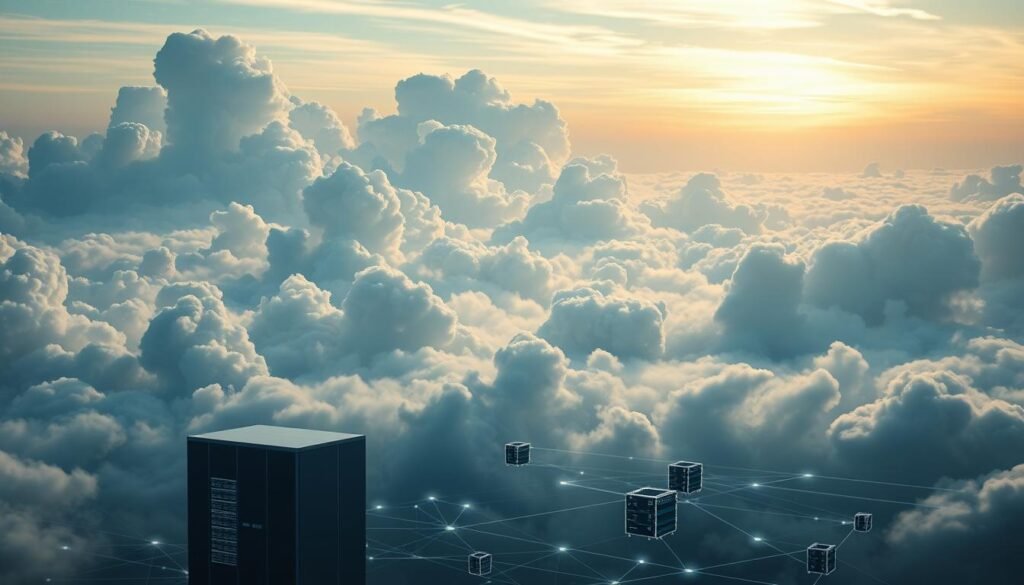 A serene landscape of interconnected cloud formations, representing the vast expanse of cloud computing services. In the foreground, a sleek, modern data center stands amidst a backdrop of towering cumulus clouds, bathed in soft, diffuse lighting. The middle ground features a network of virtual servers and data storage units, connected by glowing lines of digital communication. In the distance, a horizon of sunlit, wispy cirrus clouds creates a sense of boundless potential, symbolizing the limitless possibilities of cloud-based IT development. The overall composition conveys a harmonious blend of technology and nature, reflecting the seamless integration of cloud computing into the modern business landscape. A serene landscape of interconnected cloud formations, representing the vast expanse of cloud computing services. In the foreground, a sleek, modern data center stands amidst a backdrop of towering cumulus clouds, bathed in soft, diffuse lighting. The middle ground features a network of virtual servers and data storage units, connected by glowing lines of digital communication. In the distance, a horizon of sunlit, wispy cirrus clouds creates a sense of boundless potential, symbolizing the limitless possibilities of cloud-based IT development. The overall composition conveys a harmonious blend of technology and nature, reflecting the seamless integration of cloud computing into the modern business landscape.