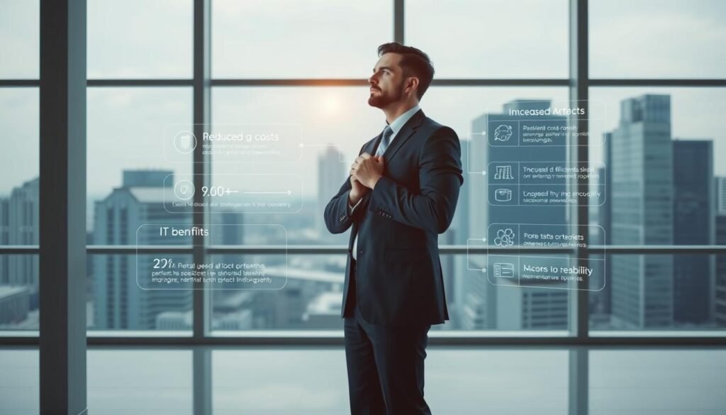 A serene, minimalist office space with large windows overlooking a cityscape. In the foreground, a businessman standing in a pensive pose, hands clasped, representing the thoughtful consideration of IT outsourcing. Surrounding him, holographic infographics and data visualizations highlighting the key benefits - reduced costs, increased efficiency, access to specialized expertise, and scalability. The overall mood is one of calm professionalism, conveying the well-researched, strategic nature of the decision to outsource IT services. A serene, minimalist office space with large windows overlooking a cityscape. In the foreground, a businessman standing in a pensive pose, hands clasped, representing the thoughtful consideration of IT outsourcing. Surrounding him, holographic infographics and data visualizations highlighting the key benefits - reduced costs, increased efficiency, access to specialized expertise, and scalability. The overall mood is one of calm professionalism, conveying the well-researched, strategic nature of the decision to outsource IT services.