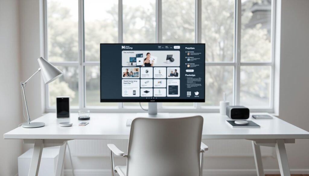 A serene, minimalist workspace showcasing the principles of user experience (UX) design. A clean, white desk and chair in the foreground, with modern, sleek devices and a stylish lamp. In the middle ground, a large monitor displays a user interface with intuitive, well-organized elements. The background features soft, natural lighting filtering through large windows, creating a calming, productive atmosphere. The overall scene conveys the importance of thoughtful, user-centric design in creating a seamless, enjoyable digital experience. A serene, minimalist workspace showcasing the principles of user experience (UX) design. A clean, white desk and chair in the foreground, with modern, sleek devices and a stylish lamp. In the middle ground, a large monitor displays a user interface with intuitive, well-organized elements. The background features soft, natural lighting filtering through large windows, creating a calming, productive atmosphere. The overall scene conveys the importance of thoughtful, user-centric design in creating a seamless, enjoyable digital experience.