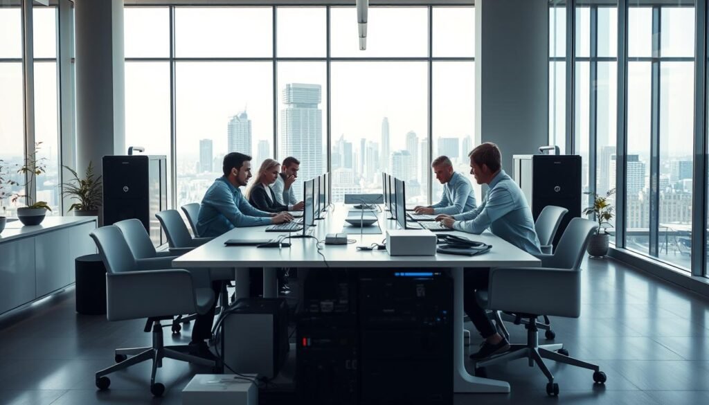 A serene, modern office space with sleek, minimalist furniture and natural light streaming through large windows. In the foreground, a team of IT professionals collaborate intently around a conference table, their expressions focused and determined. The middle ground features an array of cutting-edge computer hardware and software, neatly organized and maintained. In the background, a vibrant cityscape can be seen, symbolizing the bustling, dynamic world of reliable IT development that powers businesses. The overall atmosphere conveys a sense of professionalism, efficiency, and unwavering dedication to delivering top-notch IT solutions. A serene, modern office space with sleek, minimalist furniture and natural light streaming through large windows. In the foreground, a team of IT professionals collaborate intently around a conference table, their expressions focused and determined. The middle ground features an array of cutting-edge computer hardware and software, neatly organized and maintained. In the background, a vibrant cityscape can be seen, symbolizing the bustling, dynamic world of reliable IT development that powers businesses. The overall atmosphere conveys a sense of professionalism, efficiency, and unwavering dedication to delivering top-notch IT solutions.