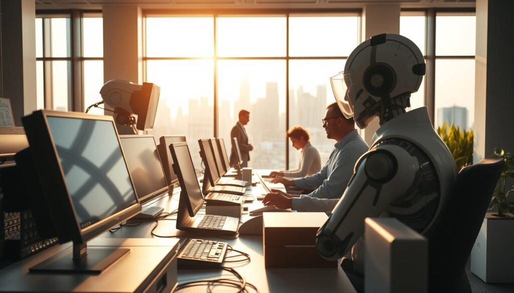 A serene office interior, bathed in warm, natural lighting filtering through large windows. In the foreground, sleek, state-of-the-art office equipment and devices seamlessly working in unison, representing the seamless integration of automation in the modern business landscape. In the middle ground, a team of professionals collaborating effortlessly, their focus and productivity enhanced by the intelligent automation systems surrounding them. The background showcases a skyline of a thriving, technologically-advanced city, symbolizing the wider impact of automation on business and the economy. The overall scene conveys a sense of efficiency, innovation, and a glimpse into the future of IT development. A serene office interior, bathed in warm, natural lighting filtering through large windows. In the foreground, sleek, state-of-the-art office equipment and devices seamlessly working in unison, representing the seamless integration of automation in the modern business landscape. In the middle ground, a team of professionals collaborating effortlessly, their focus and productivity enhanced by the intelligent automation systems surrounding them. The background showcases a skyline of a thriving, technologically-advanced city, symbolizing the wider impact of automation on business and the economy. The overall scene conveys a sense of efficiency, innovation, and a glimpse into the future of IT development.