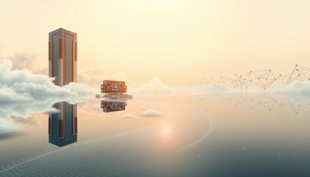 A serene, reflective pond reflecting a dynamic digital landscape. In the foreground, a smooth, winding path of clouds and binary code leads the eye towards a towering, futuristic data center, its sleek architecture bathed in a warm, golden glow. The middle ground features a cluster of interconnected devices and software components, pulsing with vibrant hues and intricate circuitry. In the background, a vast expanse of abstract, geometric shapes and patterns evokes the infinite possibilities of the digital realm. The scene is illuminated by a soft, diffused light, creating a sense of tranquility and wonder, guiding the viewer on a journey of digital transformation. A serene, reflective pond reflecting a dynamic digital landscape. In the foreground, a smooth, winding path of clouds and binary code leads the eye towards a towering, futuristic data center, its sleek architecture bathed in a warm, golden glow. The middle ground features a cluster of interconnected devices and software components, pulsing with vibrant hues and intricate circuitry. In the background, a vast expanse of abstract, geometric shapes and patterns evokes the infinite possibilities of the digital realm. The scene is illuminated by a soft, diffused light, creating a sense of tranquility and wonder, guiding the viewer on a journey of digital transformation.
