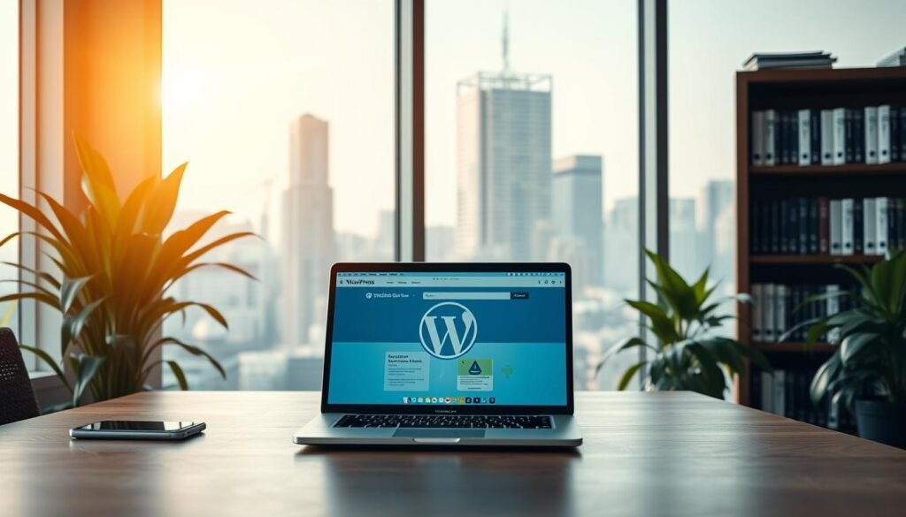A serene, well-lit office interior with a sleek, modern desk showcasing a laptop displaying the WordPress logo. Intricate details of the WordPress dashboard and website builder interface visible on the screen. Surrounding the desk, lush green plants, a bookshelf filled with business-related tomes, and a large window offering a view of a bustling city skyline. Warm, natural lighting bathes the scene, creating a professional yet inviting atmosphere. The overall composition conveys the power and versatility of WordPress as a platform for building robust, visually appealing business websites.