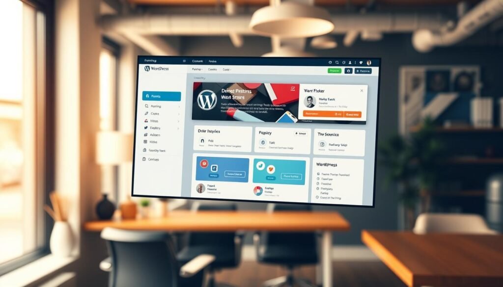 A sleek and intuitive WordPress dashboard floats against a soft, blurred backdrop of a modern office. The interface showcases a clean, organized layout with colorful icons and user-friendly menus, inviting non-technical users to easily navigate and manage their business website. Warm, indirect lighting casts a professional glow, while the camera angle provides a slightly elevated perspective, conveying a sense of accessibility and user empowerment. The overall scene exudes a welcoming, approachable atmosphere, reflecting WordPress's reputation as a user-friendly content management system suitable for businesses of all sizes.