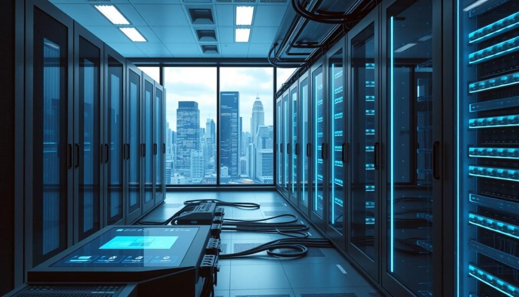 A sleek and modern data center with rows of high-performance servers and network equipment. The servers are housed in clean, minimalist racks with soft blue LED lighting accentuating their angular forms. In the foreground, a futuristic control panel with holographic displays and touch interfaces. The middle ground features an array of interconnected cables, pipes, and conduits, conveying a sense of scalable infrastructure. The background is a panoramic window overlooking a dynamic cityscape, hinting at the global reach and adaptability of the IT solutions. The scene is bathed in cool, directional lighting, creating deep shadows and highlights that emphasize the clean, tech-forward aesthetic. A sleek and modern data center with rows of high-performance servers and network equipment. The servers are housed in clean, minimalist racks with soft blue LED lighting accentuating their angular forms. In the foreground, a futuristic control panel with holographic displays and touch interfaces. The middle ground features an array of interconnected cables, pipes, and conduits, conveying a sense of scalable infrastructure. The background is a panoramic window overlooking a dynamic cityscape, hinting at the global reach and adaptability of the IT solutions. The scene is bathed in cool, directional lighting, creating deep shadows and highlights that emphasize the clean, tech-forward aesthetic.