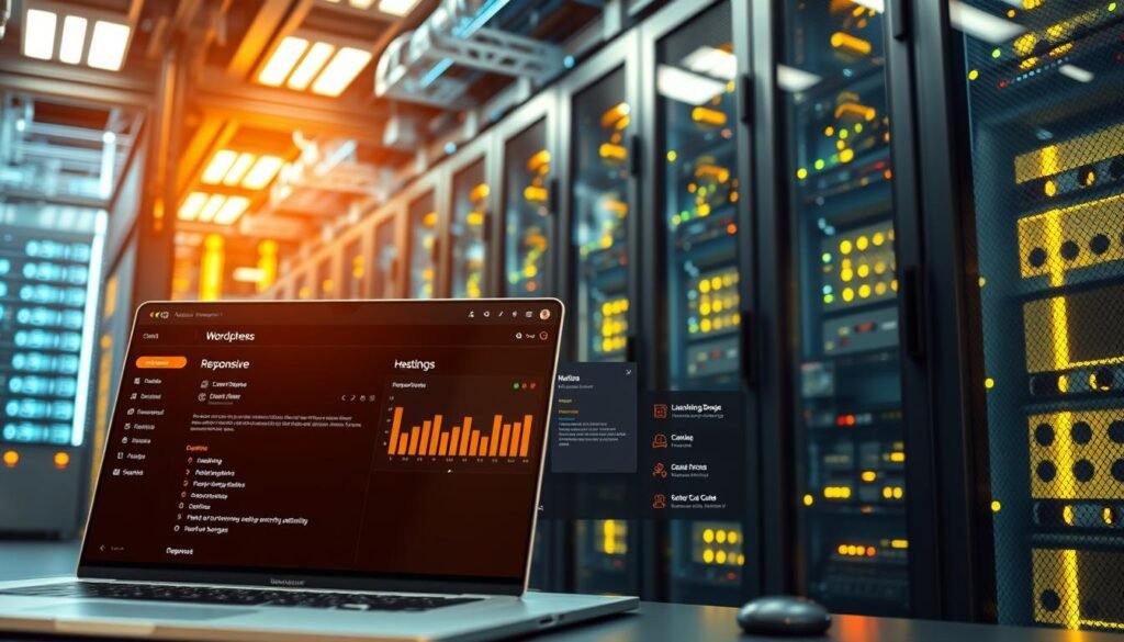 A sleek and modern hosting dashboard, showcasing lightning-fast WordPress performance optimization features. In the foreground, a responsive website loads instantly, with crisp visuals and seamless user interactions. The middle ground features an array of performance-enhancing tools, such as caching, CDN, and server optimization controls. In the background, a towering data center with glowing servers and intricate wiring, harnessing the power of cutting-edge technology to deliver exceptional WordPress hosting. The scene is bathed in a warm, technical glow, conveying a sense of reliability, efficiency, and cutting-edge technology.