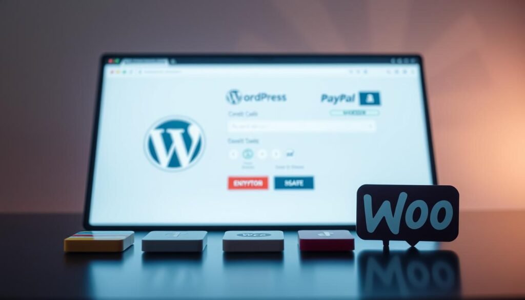 A sleek and modern online payment interface with the WordPress logo prominently displayed. The foreground features various payment method icons and buttons, including credit cards, PayPal, and mobile wallets, arranged in a clean, user-friendly layout. The middle ground showcases a secure checkout process with encryption indicators and trust seals. The background has a subtle gradient or geometric pattern that suggests a digital, tech-savvy atmosphere. The lighting is soft and diffused, creating a sense of professionalism and trustworthiness. The overall composition conveys the ease and reliability of setting up payment gateways for an online store powered by WordPress and WooCommerce.