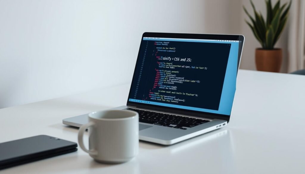 A sleek, minimalistic desktop workspace with a laptop, coffee mug, and a line of code on the screen. The laptop's display shows the text "minify CSS and JS" in a clean, sans-serif font, with the code syntax highlighted in a cool, muted color palette. The lighting is soft and diffused, creating a calm, focused atmosphere. The angle is slightly elevated, giving a birds-eye view of the desk setup. The background is blurred, placing the emphasis on the laptop and the code snippet.