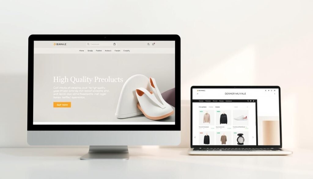 A sleek, modern WordPress e-commerce website set against a minimalist background. In the foreground, an elegant, responsive theme showcases a selection of high-quality products, with clean typography and a visually appealing layout. The middle ground features subtle product images and icons, hinting at the site's functionality and user-friendly navigation. Soft, directional lighting creates a warm, inviting atmosphere, while the background incorporates a subtle pattern or texture that complements the overall design. The entire composition conveys a sense of professionalism, sophistication, and the potential for a seamless online shopping experience.