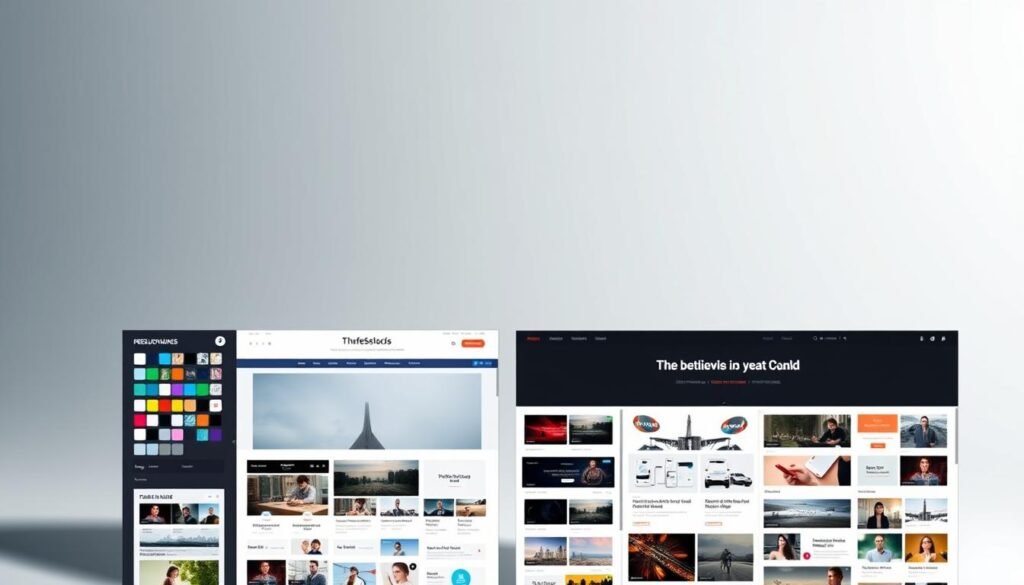 A sleek, modern WordPress theme with a customizable header, sidebar, and footer. The header features a gradient background, bold typography, and subtle icons. The sidebar showcases a range of customization options, from color schemes to font styles. In the middle ground, an array of preset themes is displayed, each with a unique visual identity. The background is a minimalist, grid-like pattern that suggests the flexibility and modularity of the WordPress ecosystem. The lighting is soft and diffused, creating a sense of depth and sophistication. The camera angle is slightly elevated, giving the viewer a sense of control and mastery over the customization process.
