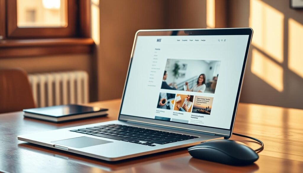 A sleek, modern WordPress website on a polished wooden desk, with a laptop and mouse in the foreground. The website features a clean, minimalist design with a visually striking widget in the sidebar, showcasing its customization capabilities. Warm, natural lighting filters through a window, casting a cozy glow over the scene. The overall atmosphere is one of productivity, creativity, and the power of WordPress customization.