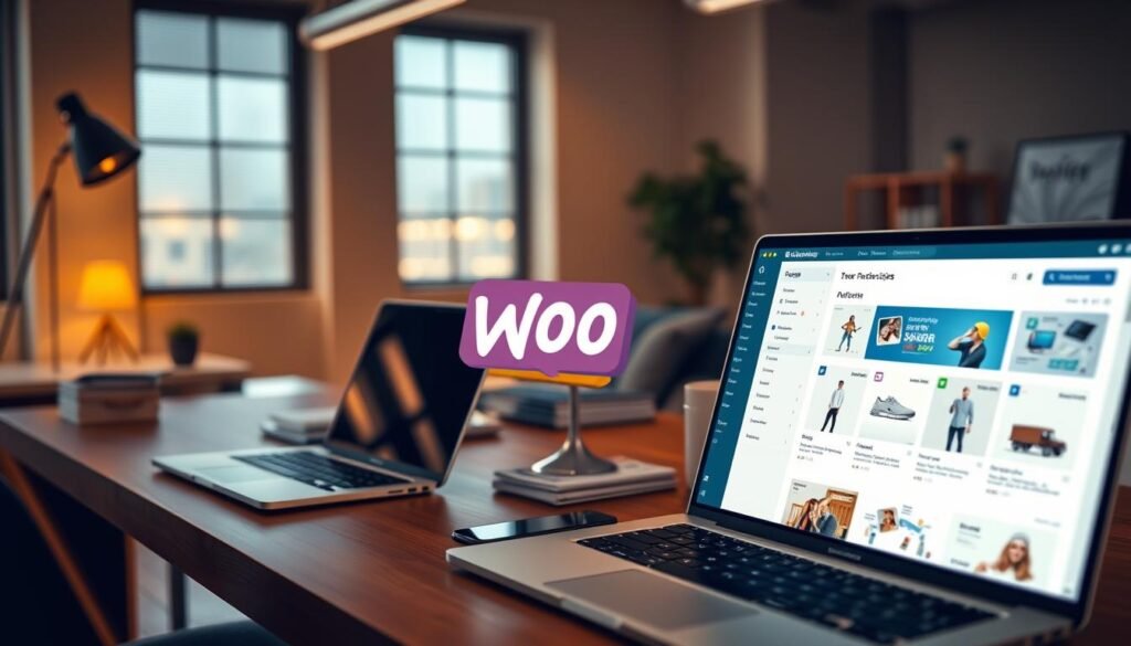 A sleek, modern WordPress website showcasing the power of WooCommerce e-commerce capabilities. In the foreground, a vibrant, responsive online store interface displaying various products. In the middle ground, a clean and intuitive dashboard with analytical insights and order management tools. In the background, a minimalist office setting with a laptop, smartphone, and neatly stacked documents, conveying the professional and business-oriented nature of the scene. Warm, natural lighting illuminates the workspace, creating a productive and welcoming atmosphere. Captured with a wide-angle lens to encompass the comprehensive WordPress and WooCommerce ecosystem for business.