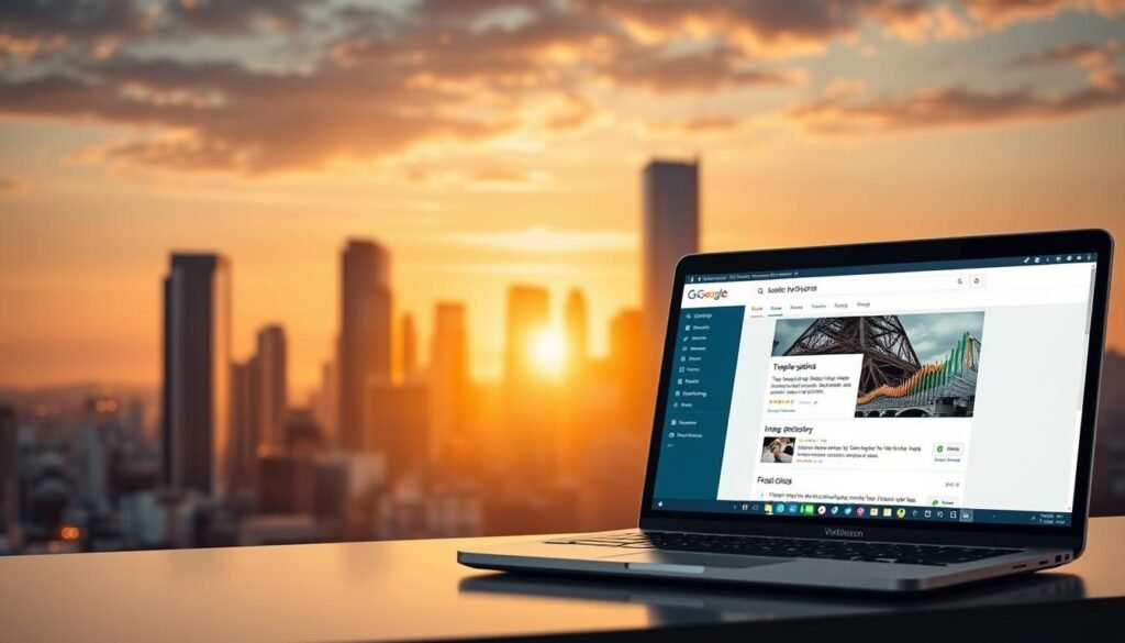 A sleek, modern WordPress website with a clean, responsive design, showcasing optimization techniques. The foreground features a laptop displaying a well-organized WordPress dashboard, with icons and widgets indicating performance optimization, image compression, and plugin management. The middle ground depicts a search engine results page, highlighting the website's high ranking. In the background, a cityscape with towering skyscrapers represents the vast online landscape, illuminated by a warm, golden sunset glow. The overall atmosphere conveys a sense of professional, efficient website management leading to successful search engine visibility.
