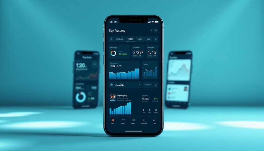 A sleek, modern business app interface showcasing key features. In the foreground, intuitive data visualizations and infographics display key performance metrics. The middle ground features neatly organized menus and navigation, with smooth transitions between sections. The background evokes a minimalist, high-tech aesthetic with cool-toned gradients and subtle geometric patterns. Lighting is clean and directional, creating depth and highlighting the app's elegant design. The overall mood is professional, efficient, and visually engaging, perfectly suited for a business-focused mobile application. A sleek, modern business app interface showcasing key features. In the foreground, intuitive data visualizations and infographics display key performance metrics. The middle ground features neatly organized menus and navigation, with smooth transitions between sections. The background evokes a minimalist, high-tech aesthetic with cool-toned gradients and subtle geometric patterns. Lighting is clean and directional, creating depth and highlighting the app's elegant design. The overall mood is professional, efficient, and visually engaging, perfectly suited for a business-focused mobile application.