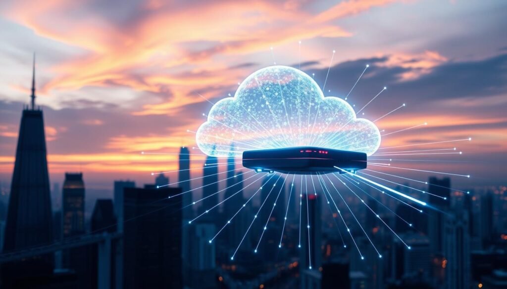 A sleek, modern cityscape against a vibrant sky, with a holographic cloud formation pulsing with intricate data visualizations. In the foreground, a cutting-edge IoT device hovers, its sensors seamlessly integrating with the cloud-based AI infrastructure. Beams of light connect the device to the cloud, creating a visual representation of the real-time data flow. The scene conveys a sense of technological harmony, where the convergence of cloud, AI, and IoT enables the future of smart city development. A sleek, modern cityscape against a vibrant sky, with a holographic cloud formation pulsing with intricate data visualizations. In the foreground, a cutting-edge IoT device hovers, its sensors seamlessly integrating with the cloud-based AI infrastructure. Beams of light connect the device to the cloud, creating a visual representation of the real-time data flow. The scene conveys a sense of technological harmony, where the convergence of cloud, AI, and IoT enables the future of smart city development.