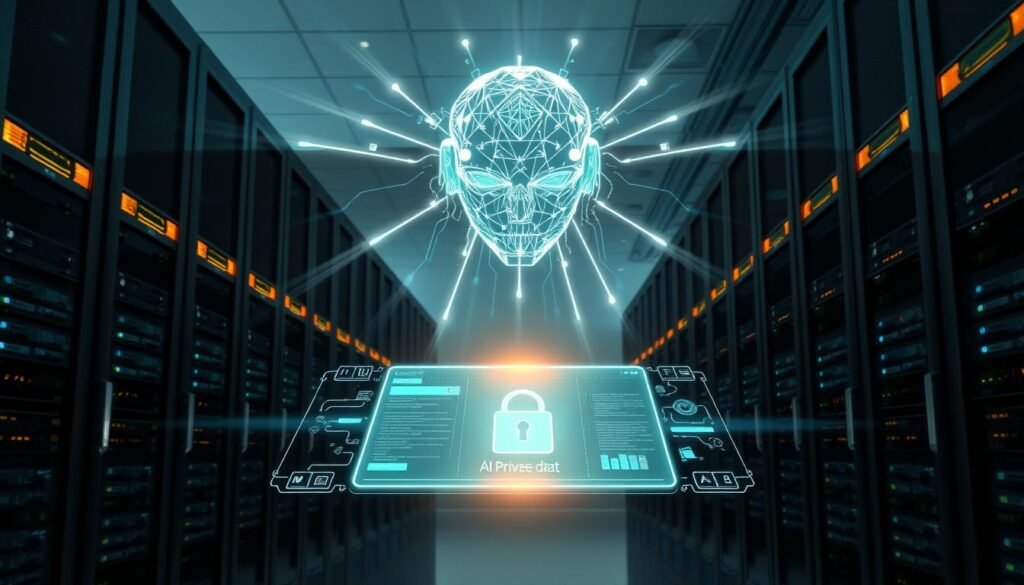 A sleek, modern data center with rows of servers and blinking indicator lights. In the foreground, a glowing holographic interface displays sensitive data and security protocols. Towering above, an abstract AI entity observes the scene with an eerie, luminescent gaze. Subtle beams of light radiate from the AI, conveying a sense of omniscience and control over the private data. The overall atmosphere is one of technological sophistication, but also an underlying tension between the power of AI and the need to protect individual privacy. A sleek, modern data center with rows of servers and blinking indicator lights. In the foreground, a glowing holographic interface displays sensitive data and security protocols. Towering above, an abstract AI entity observes the scene with an eerie, luminescent gaze. Subtle beams of light radiate from the AI, conveying a sense of omniscience and control over the private data. The overall atmosphere is one of technological sophistication, but also an underlying tension between the power of AI and the need to protect individual privacy.