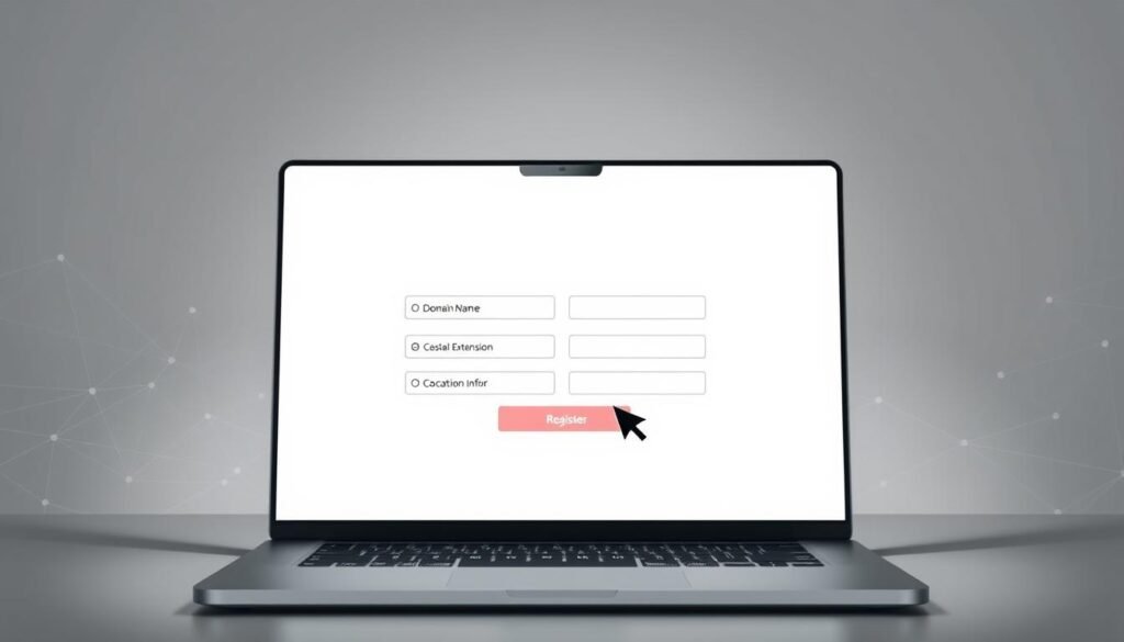 A sleek, modern domain registration interface set against a minimalist grey background. In the foreground, a laptop screen displays a clean, intuitive domain registration form with fields for domain name, extension, and contact information. The laptop is illuminated by soft, directional lighting, casting subtle shadows and highlighting the matte finish of the device. In the middle ground, a mouse cursor hovers over the "Register" button, emphasizing the seamless user experience. The background features a subtle pattern of interconnected lines, symbolizing the web of online infrastructure that supports domain registration. The overall scene conveys a sense of professionalism, efficiency, and the ease of setting up a new web presence.