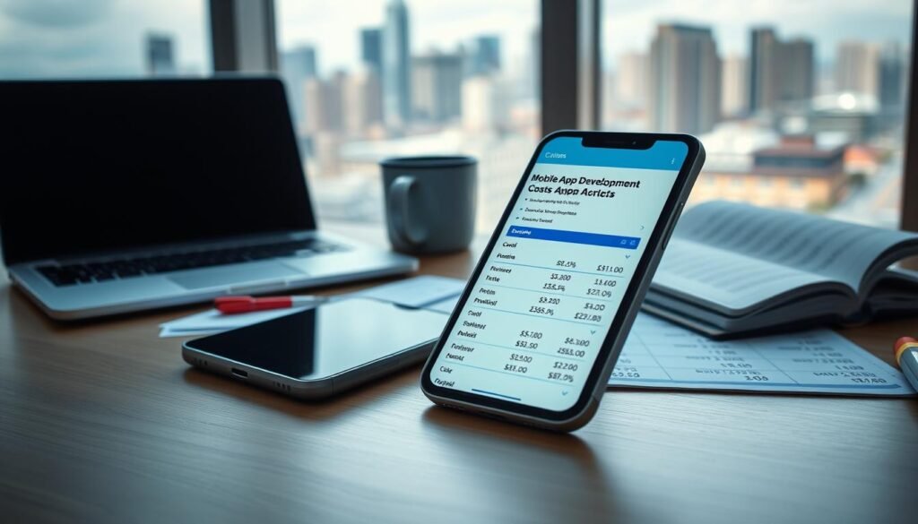 A sleek, modern mobile device prominently displayed in the foreground, its screen showcasing a detailed breakdown of mobile app development costs. In the middle ground, a serene workspace with a laptop, coffee mug, and a notebook filled with calculations and financial projections. The background features a city skyline, hinting at the broader business landscape where this mobile app development project will thrive. The lighting is soft and inviting, creating a professional yet approachable atmosphere. The lens is focused on the mobile device, drawing the viewer's attention to the essential financial details. A sleek, modern mobile device prominently displayed in the foreground, its screen showcasing a detailed breakdown of mobile app development costs. In the middle ground, a serene workspace with a laptop, coffee mug, and a notebook filled with calculations and financial projections. The background features a city skyline, hinting at the broader business landscape where this mobile app development project will thrive. The lighting is soft and inviting, creating a professional yet approachable atmosphere. The lens is focused on the mobile device, drawing the viewer's attention to the essential financial details.