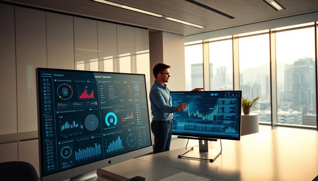A sleek, modern office interior with clean lines and minimalist design. In the foreground, a desktop computer displays a complex cybersecurity dashboard, with various graphs, charts, and real-time threat monitoring data. In the middle ground, two IT professionals in casual business attire collaborate over a large touchscreen display, reviewing security protocols and integrating new software solutions. The background features floor-to-ceiling windows overlooking a bustling cityscape, bathed in warm, diffused lighting that creates a sense of productivity and technological innovation. The overall atmosphere conveys the seamless integration of IT development and cybersecurity, where cutting-edge tools and skilled professionals work in harmony to protect digital assets. A sleek, modern office interior with clean lines and minimalist design. In the foreground, a desktop computer displays a complex cybersecurity dashboard, with various graphs, charts, and real-time threat monitoring data. In the middle ground, two IT professionals in casual business attire collaborate over a large touchscreen display, reviewing security protocols and integrating new software solutions. The background features floor-to-ceiling windows overlooking a bustling cityscape, bathed in warm, diffused lighting that creates a sense of productivity and technological innovation. The overall atmosphere conveys the seamless integration of IT development and cybersecurity, where cutting-edge tools and skilled professionals work in harmony to protect digital assets.