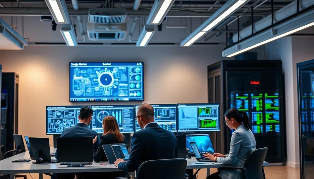 A sleek, modern office interior with high-tech equipment and servers. In the foreground, a team of IT professionals in business attire collaborating on laptops and tablets, exuding an air of expertise and efficiency. The middle ground showcases a bank of monitors displaying complex network diagrams and real-time system analytics. The background features a wall-mounted display presenting the company's branding and service offerings. Warm, professional lighting accentuates the clean, minimalist design, creating an atmosphere of trust and reliability. A sleek, modern office interior with high-tech equipment and servers. In the foreground, a team of IT professionals in business attire collaborating on laptops and tablets, exuding an air of expertise and efficiency. The middle ground showcases a bank of monitors displaying complex network diagrams and real-time system analytics. The background features a wall-mounted display presenting the company's branding and service offerings. Warm, professional lighting accentuates the clean, minimalist design, creating an atmosphere of trust and reliability.