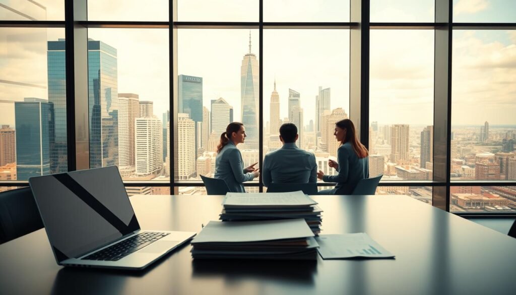 A sleek, modern office interior with large windows overlooking a bustling city skyline. In the foreground, a desk with a laptop, tablet, and document folders, representing the essential tools for managing cloud-based operations. The middle ground features a group of business professionals engaged in a collaborative meeting, discussing cost optimization strategies and security compliance protocols for their cloud migration. Warm, diffused lighting casts a professional, productive atmosphere, while the background showcases skyscrapers and a vibrant urban landscape, symbolizing the scale and complexity of modern cloud-based business. The overall composition conveys a sense of efficiency, security, and confidence in navigating the challenges of cloud migration. A sleek, modern office interior with large windows overlooking a bustling city skyline. In the foreground, a desk with a laptop, tablet, and document folders, representing the essential tools for managing cloud-based operations. The middle ground features a group of business professionals engaged in a collaborative meeting, discussing cost optimization strategies and security compliance protocols for their cloud migration. Warm, diffused lighting casts a professional, productive atmosphere, while the background showcases skyscrapers and a vibrant urban landscape, symbolizing the scale and complexity of modern cloud-based business. The overall composition conveys a sense of efficiency, security, and confidence in navigating the challenges of cloud migration.