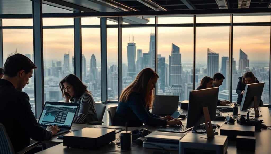 A sleek, modern office interior with large windows overlooking a bustling city skyline. In the foreground, a team of professionals intently working on a suite of business web applications, their faces illuminated by the glow of their laptop screens. The middle ground features an array of cutting-edge tech devices and peripherals, while the background showcases a stylized, minimalist design with clean lines and a warm, inviting color palette. The overall atmosphere conveys a sense of productivity, innovation, and the seamless integration of technology into the business landscape. A sleek, modern office interior with large windows overlooking a bustling city skyline. In the foreground, a team of professionals intently working on a suite of business web applications, their faces illuminated by the glow of their laptop screens. The middle ground features an array of cutting-edge tech devices and peripherals, while the background showcases a stylized, minimalist design with clean lines and a warm, inviting color palette. The overall atmosphere conveys a sense of productivity, innovation, and the seamless integration of technology into the business landscape.