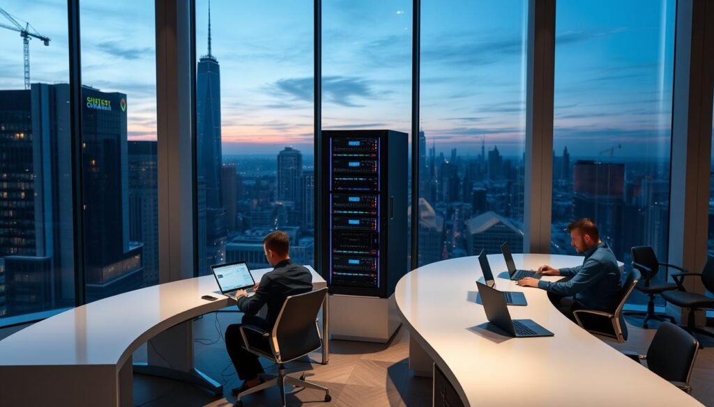A sleek, modern office interior with large windows overlooking a bustling financial district. In the foreground, a team of IT professionals collaborating at a curved, minimalist desk, laptops and cables neatly organized. Soft, directional lighting illuminates the scene, casting dramatic shadows. In the middle ground, a secure server rack stands tall, its blinking lights and cooling fans symbolizing the robust infrastructure powering the finance company's transactions. The background features a sweeping cityscape, skyscrapers and cranes silhouetted against a serene, dusky sky, conveying a sense of technology-driven progress and stability.