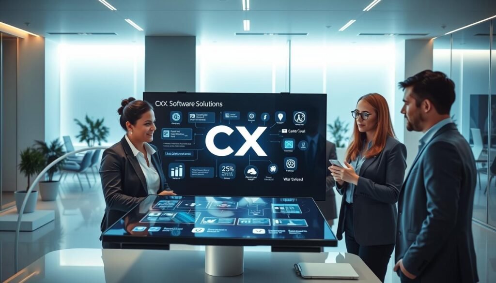 A sleek, modern office setting with a large, interactive display showcasing CX software solutions. The foreground features a group of business professionals collaborating around the display, their expressions intent and engaged. The middle ground highlights the display itself, its interface intuitive and visually striking, reflecting the latest trends in UX design. The background depicts a minimalist, well-lit workspace, with clean lines and subtle accents that exude a sense of technological sophistication. The overall scene conveys the seamless integration of cutting-edge IT development and its transformative impact on enhancing the customer experience. A sleek, modern office setting with a large, interactive display showcasing CX software solutions. The foreground features a group of business professionals collaborating around the display, their expressions intent and engaged. The middle ground highlights the display itself, its interface intuitive and visually striking, reflecting the latest trends in UX design. The background depicts a minimalist, well-lit workspace, with clean lines and subtle accents that exude a sense of technological sophistication. The overall scene conveys the seamless integration of cutting-edge IT development and its transformative impact on enhancing the customer experience.
