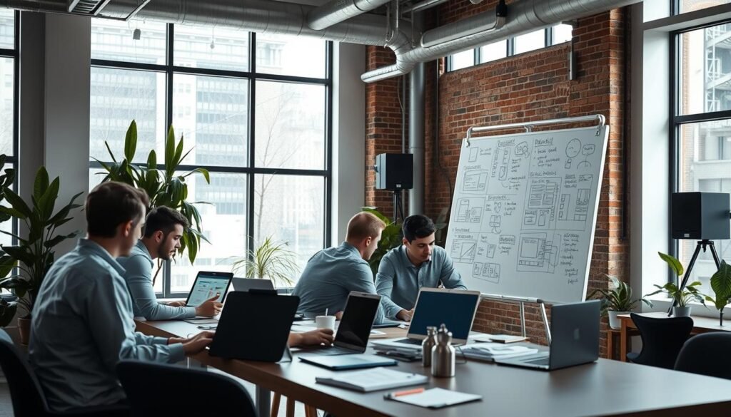 A sleek, modern office setting with large windows flooding the space with natural light. In the foreground, a group of developers collaborating around a table, immersed in various user-facing app development tools - laptops, tablets, and design software interfaces. The middle ground showcases a towering whiteboard covered in wireframes, mockups, and scribbled notes. In the background, a minimalist, tech-savvy decor with plants, exposed brick walls, and state-of-the-art equipment. The atmosphere is one of focused productivity, creativity, and a sense of forward momentum in the software development process. The overall scene conveys a progressive, innovative approach to building cutting-edge user experiences. A sleek, modern office setting with large windows flooding the space with natural light. In the foreground, a group of developers collaborating around a table, immersed in various user-facing app development tools - laptops, tablets, and design software interfaces. The middle ground showcases a towering whiteboard covered in wireframes, mockups, and scribbled notes. In the background, a minimalist, tech-savvy decor with plants, exposed brick walls, and state-of-the-art equipment. The atmosphere is one of focused productivity, creativity, and a sense of forward momentum in the software development process. The overall scene conveys a progressive, innovative approach to building cutting-edge user experiences.